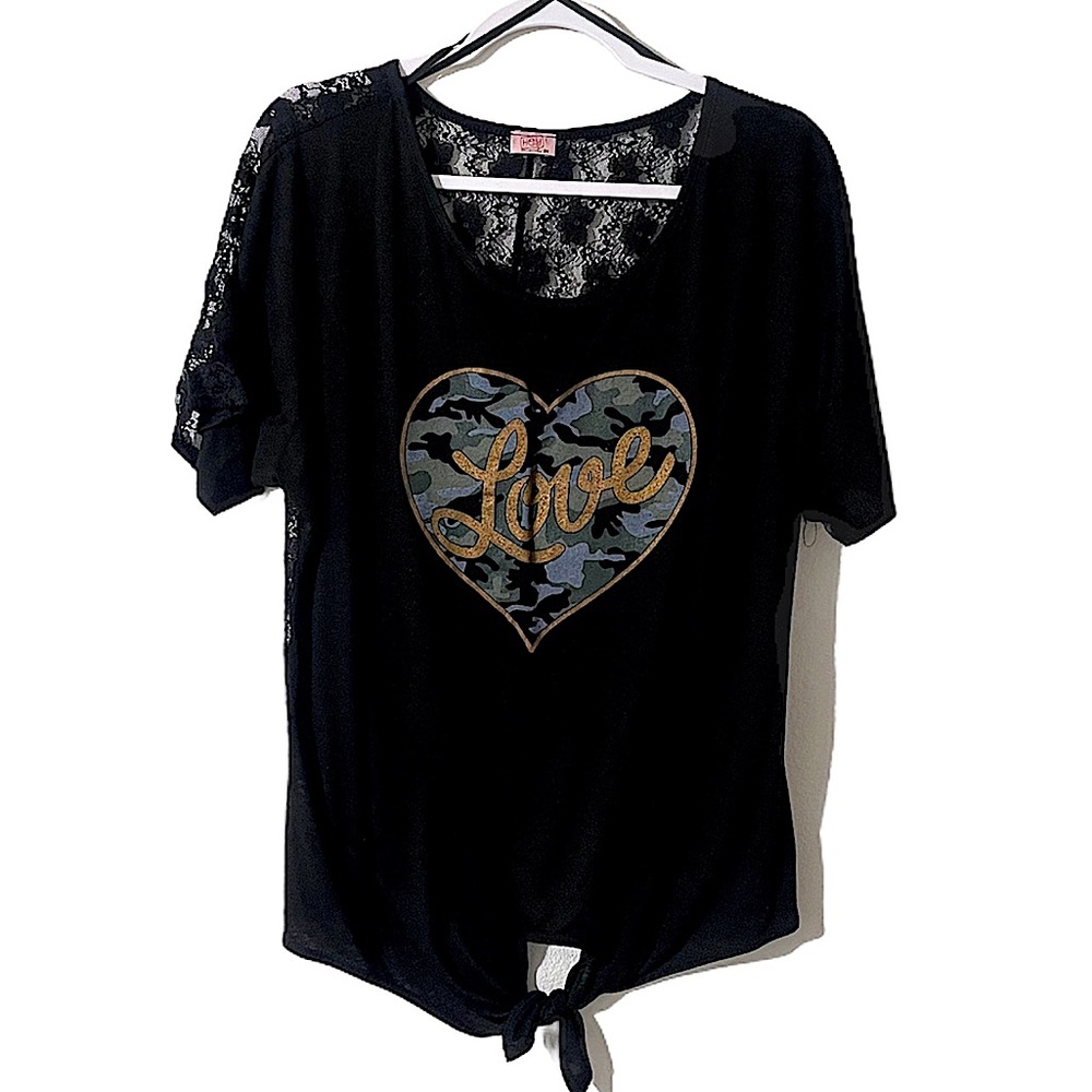 🪖 Black Top Camouflage Love Heart Gold JUNIORS